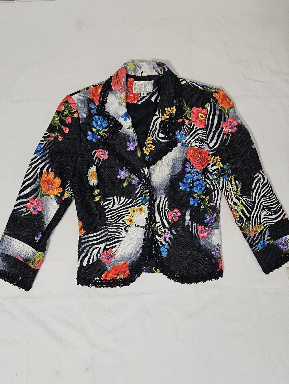 Alberto Makali Zebra Floral Lace Trim Jacket Blazer Women’s Size 2  Art to Wear - Picture 4 of 10
